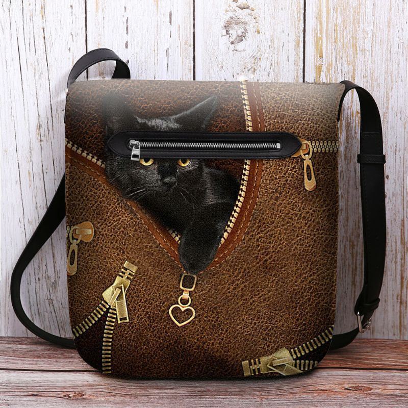 Dames Voelde Casual Leuke 3d Cartoon Zwarte Kat Afdrukken Patroon Crossbody Tas Schoudertas