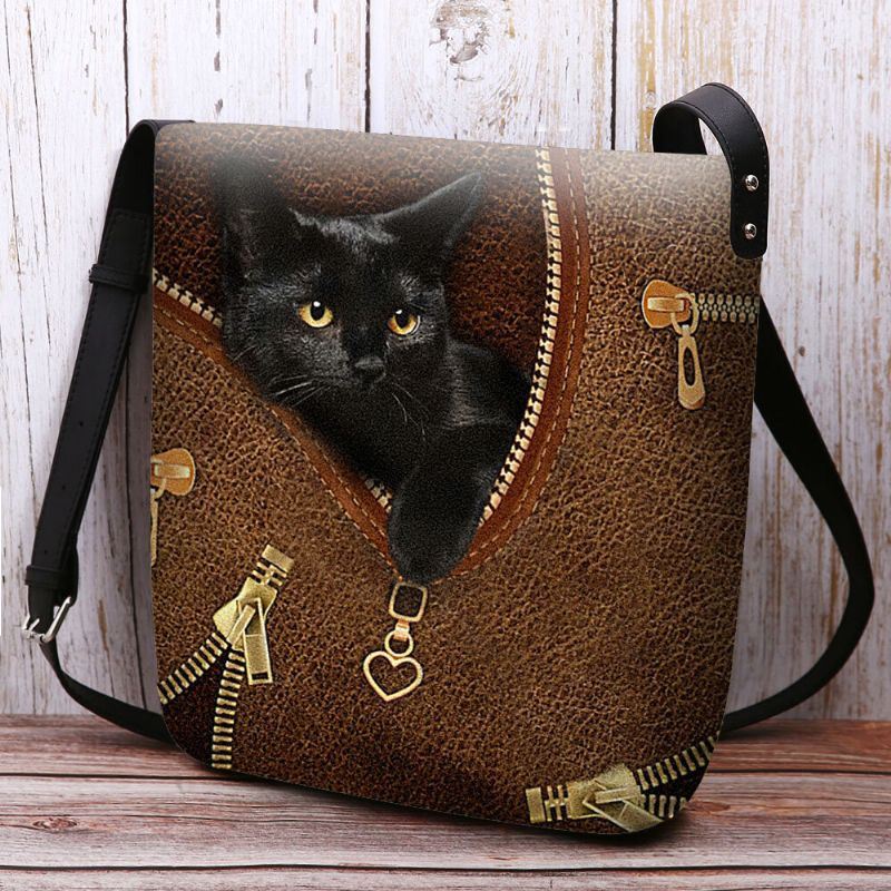 Dames Voelde Casual Leuke 3d Cartoon Zwarte Kat Afdrukken Patroon Crossbody Tas Schoudertas