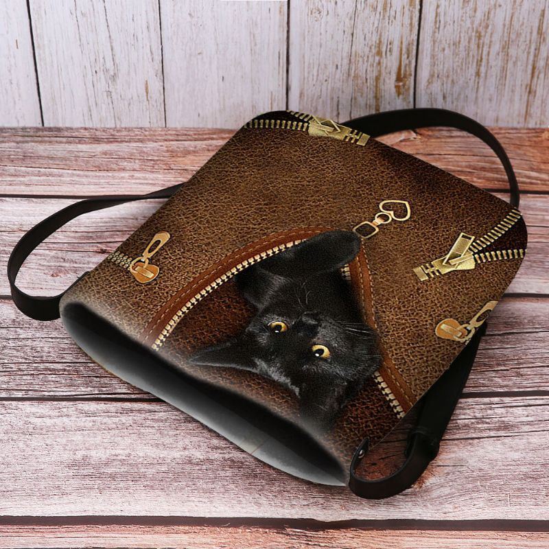 Dames Voelde Casual Leuke 3d Cartoon Zwarte Kat Afdrukken Patroon Crossbody Tas Schoudertas