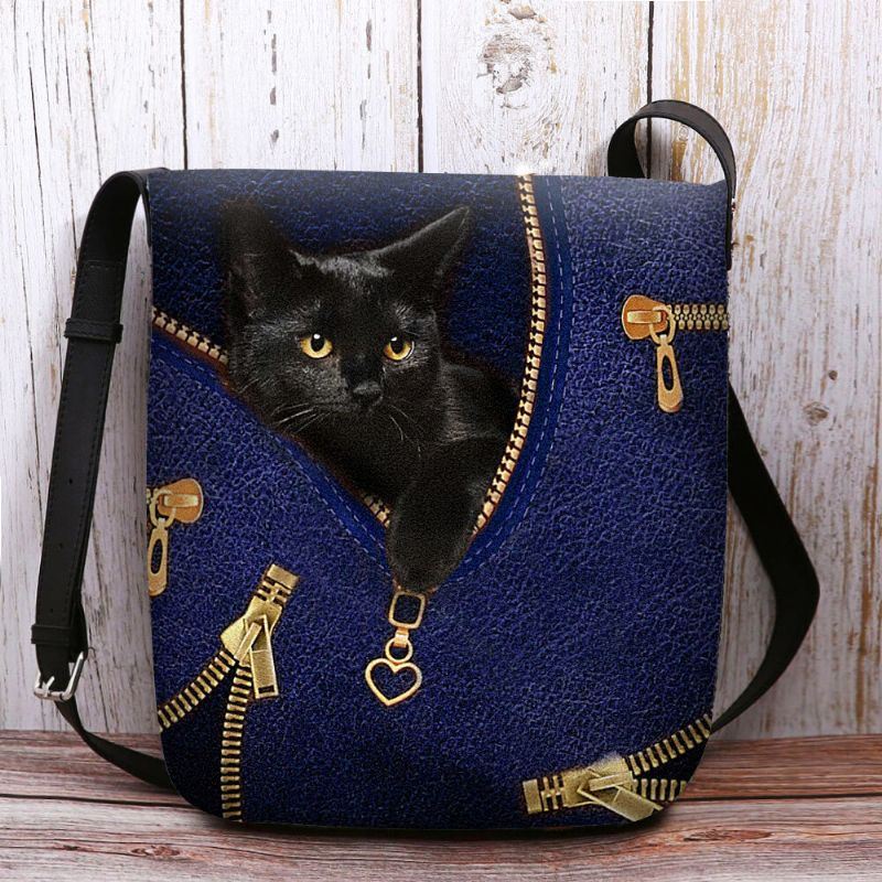 Dames Voelde Casual Leuke 3d Cartoon Zwarte Kat Afdrukken Patroon Crossbody Tas Schoudertas