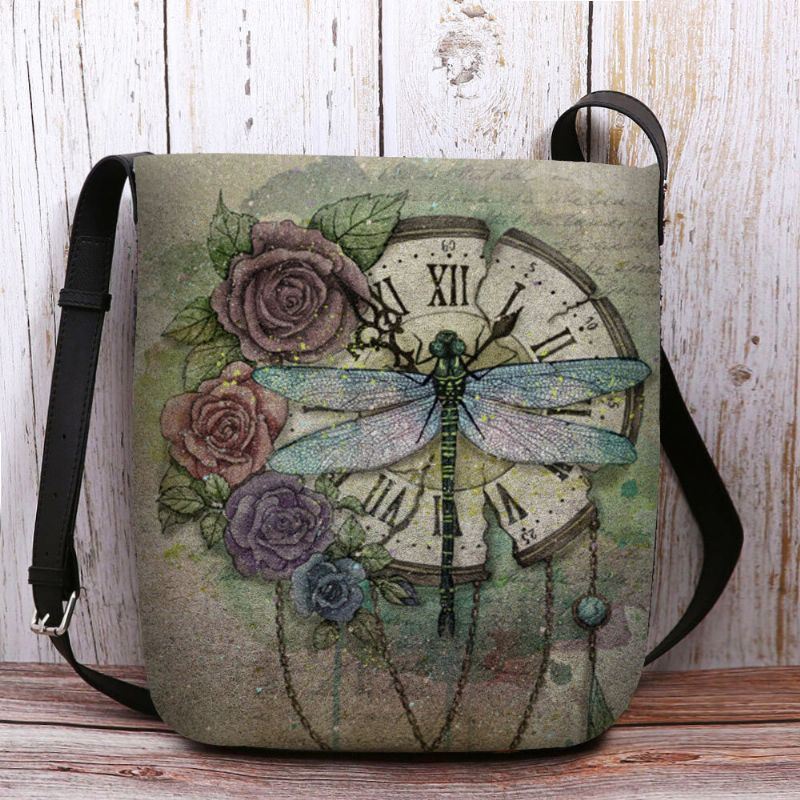 Dames Voelde Casual Vintage 3d Dragonfly Bloem Afdrukken Patroon Crossbody Tas Schoudertas