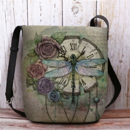 Dames Voelde Casual Vintage 3d Dragonfly Bloem Afdrukken Patroon Crossbody Tas Schoudertas