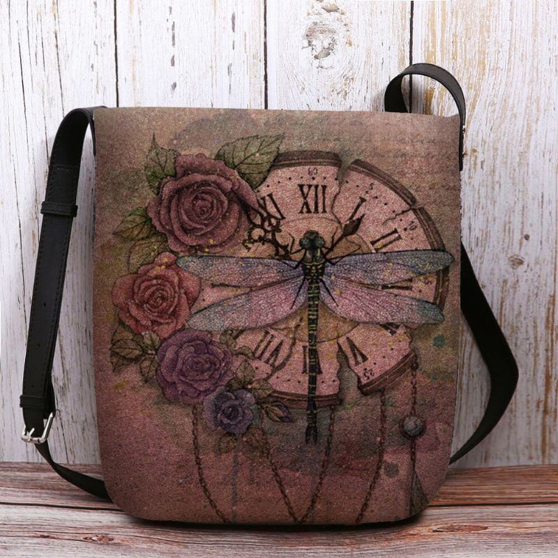 Dames Voelde Casual Vintage 3d Dragonfly Bloem Afdrukken Patroon Crossbody Tas Schoudertas