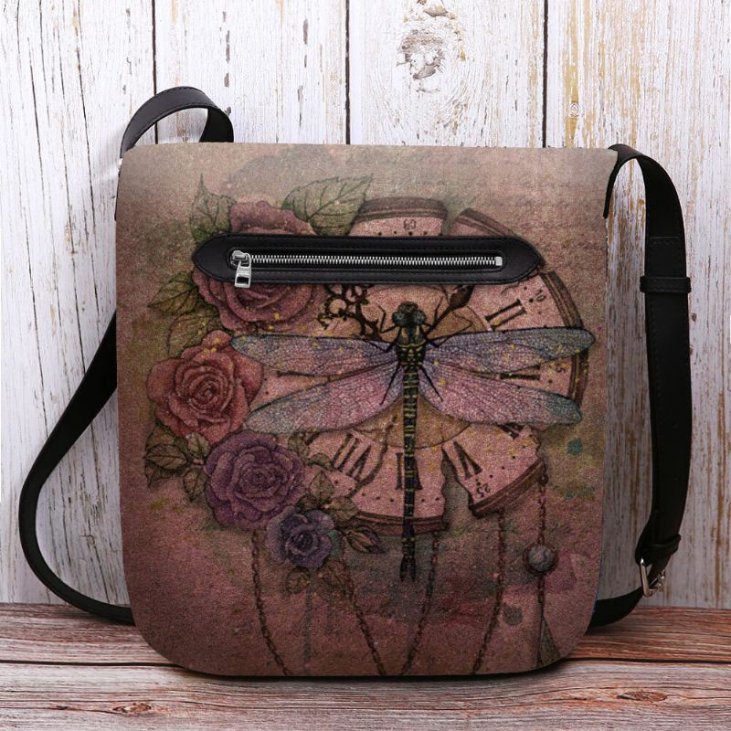 Dames Voelde Casual Vintage 3d Dragonfly Bloem Afdrukken Patroon Crossbody Tas Schoudertas