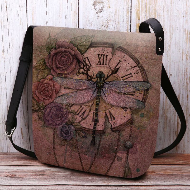 Dames Voelde Casual Vintage 3d Dragonfly Bloem Afdrukken Patroon Crossbody Tas Schoudertas