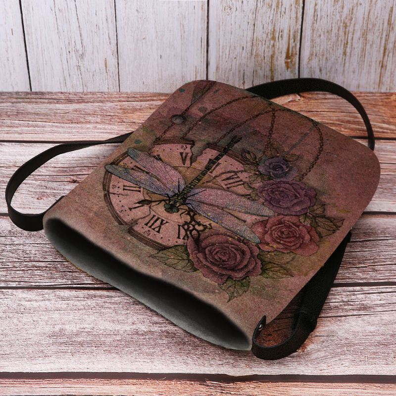 Dames Voelde Casual Vintage 3d Dragonfly Bloem Afdrukken Patroon Crossbody Tas Schoudertas