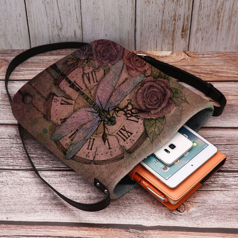 Dames Voelde Casual Vintage 3d Dragonfly Bloem Afdrukken Patroon Crossbody Tas Schoudertas