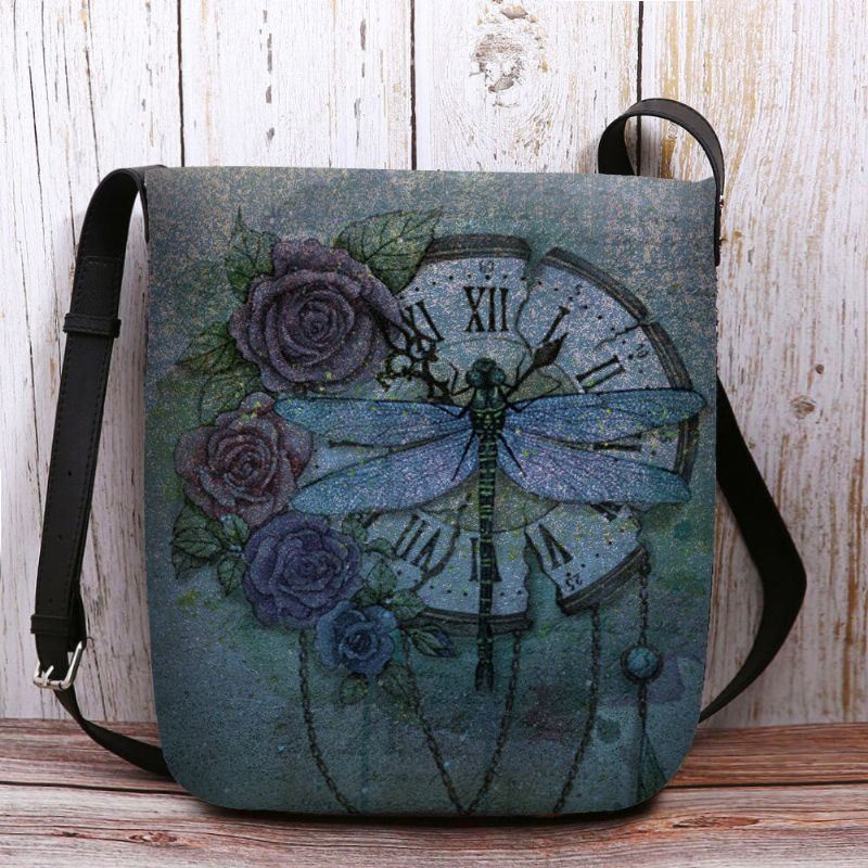 Dames Voelde Casual Vintage 3d Dragonfly Bloem Afdrukken Patroon Crossbody Tas Schoudertas