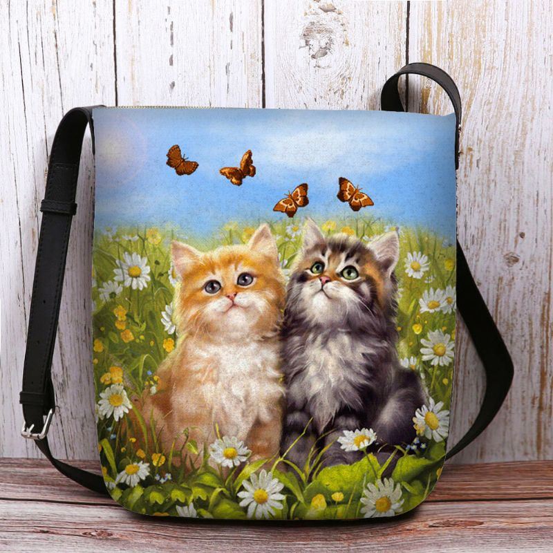 Dames Voelde Landelijke Stijl Cartoon Katten Print Persoonlijkheid Crossbody Tas Schoudertas