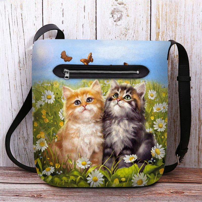 Dames Voelde Landelijke Stijl Cartoon Katten Print Persoonlijkheid Crossbody Tas Schoudertas