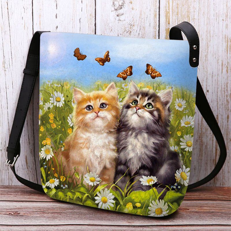 Dames Voelde Landelijke Stijl Cartoon Katten Print Persoonlijkheid Crossbody Tas Schoudertas