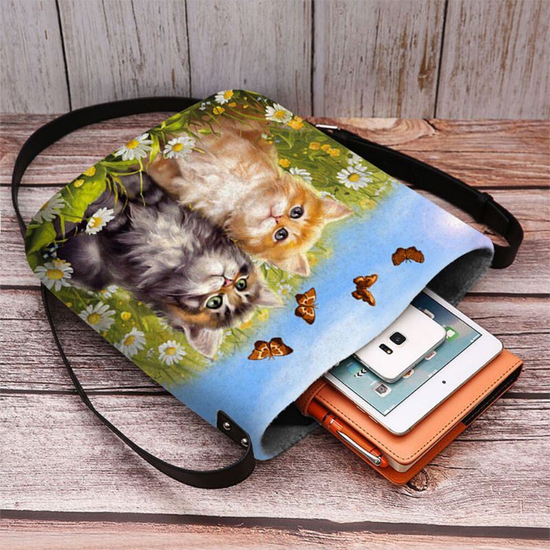 Dames Voelde Landelijke Stijl Cartoon Katten Print Persoonlijkheid Crossbody Tas Schoudertas