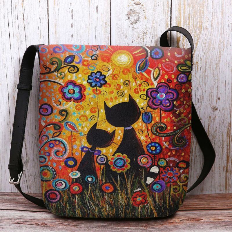 Dames Voelden Casual Cartoon Verliefd Katten Achteraanzicht Bloemenpatroon Crossbody Tas Schoudertas