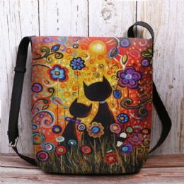 Dames Voelden Casual Cartoon Verliefd Katten Achteraanzicht Bloemenpatroon Crossbody Tas Schoudertas