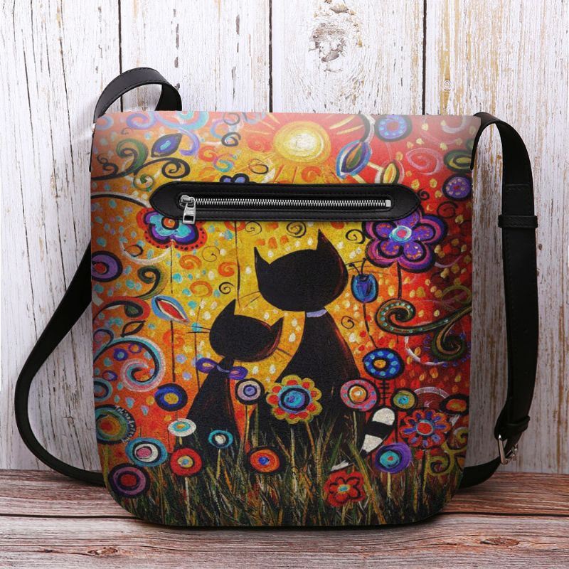 Dames Voelden Casual Cartoon Verliefd Katten Achteraanzicht Bloemenpatroon Crossbody Tas Schoudertas