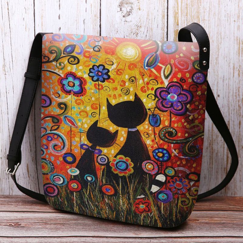 Dames Voelden Casual Cartoon Verliefd Katten Achteraanzicht Bloemenpatroon Crossbody Tas Schoudertas