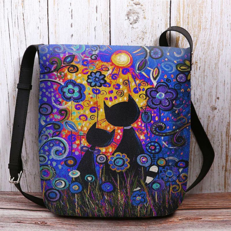 Dames Voelden Casual Cartoon Verliefd Katten Achteraanzicht Bloemenpatroon Crossbody Tas Schoudertas