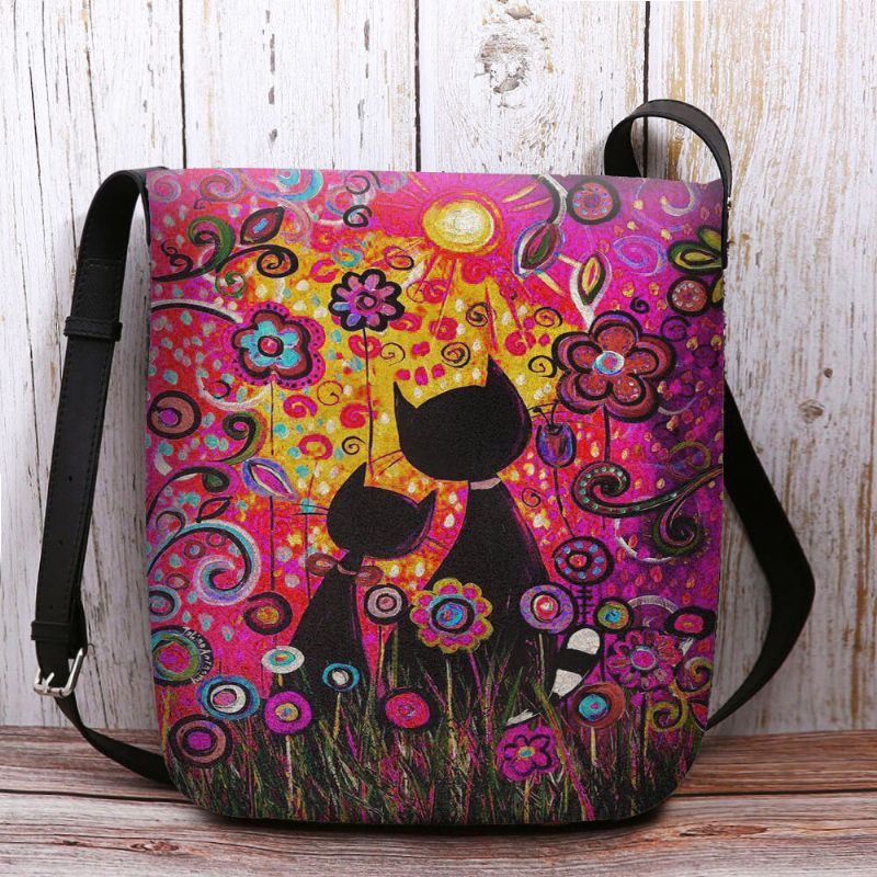 Dames Voelden Casual Cartoon Verliefd Katten Achteraanzicht Bloemenpatroon Crossbody Tas Schoudertas