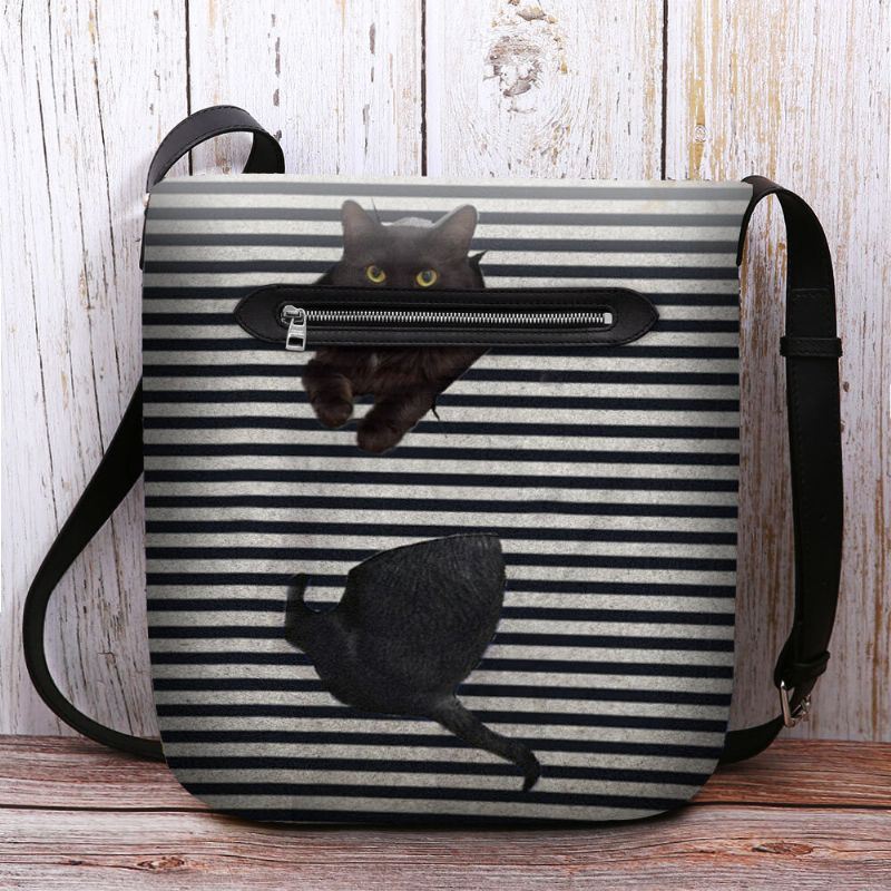 Dames Voelden Leuke Casual 3d Cartoon Kat Strepen Patroon Crossbody Tas Schoudertas