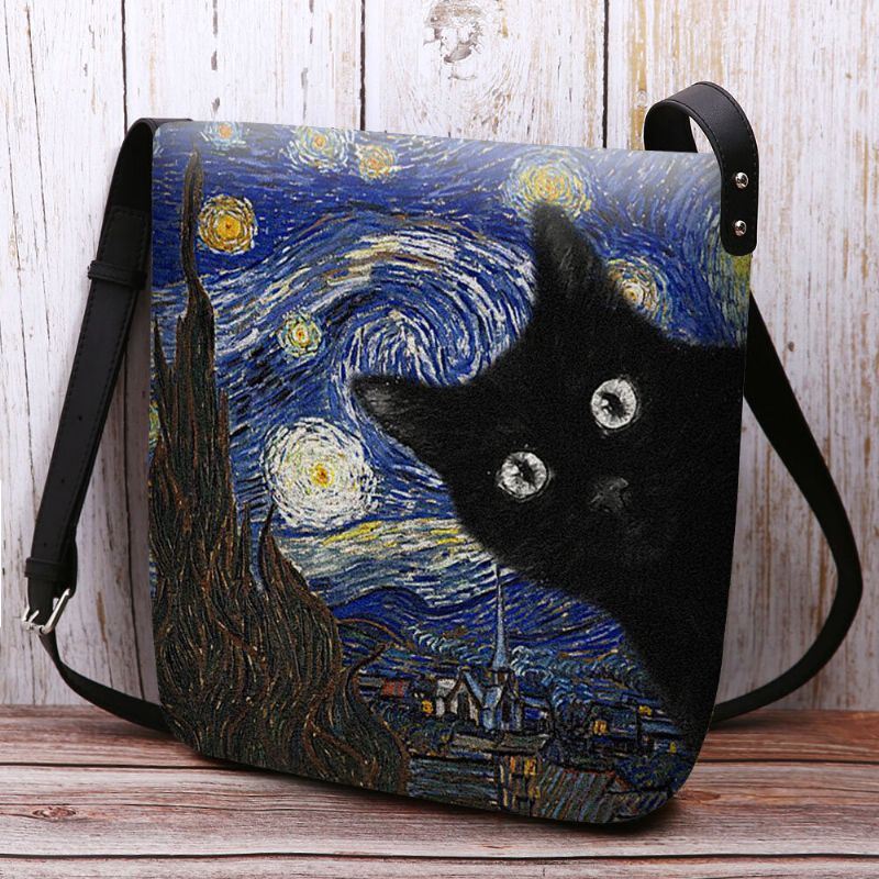 Dames Voelden Leuke Casual Cartoon Kat Patroon Met Sterrennacht Galaxy Schilderijen Crossbody Tas Schoudertas