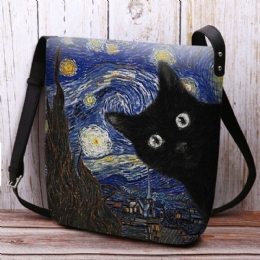 Dames Voelden Leuke Casual Cartoon Kat Patroon Met Sterrennacht Galaxy Schilderijen Crossbody Tas Schoudertas