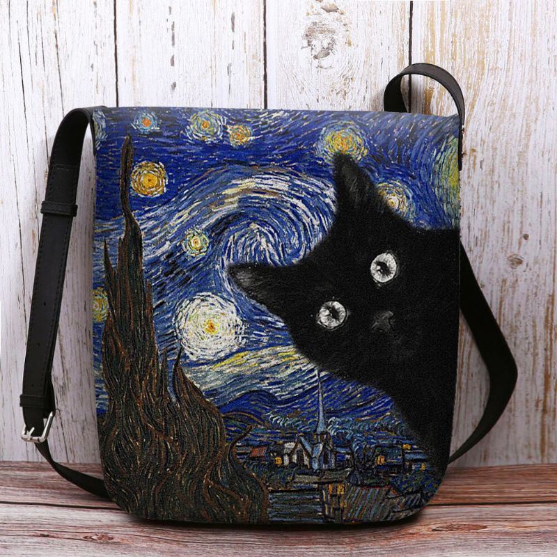 Dames Voelden Leuke Casual Cartoon Kat Patroon Met Sterrennacht Galaxy Schilderijen Crossbody Tas Schoudertas