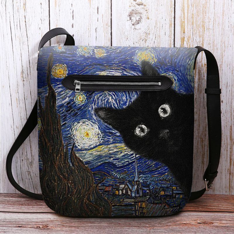 Dames Voelden Leuke Casual Cartoon Kat Patroon Met Sterrennacht Galaxy Schilderijen Crossbody Tas Schoudertas