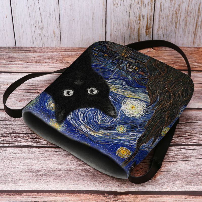 Dames Voelden Leuke Casual Cartoon Kat Patroon Met Sterrennacht Galaxy Schilderijen Crossbody Tas Schoudertas