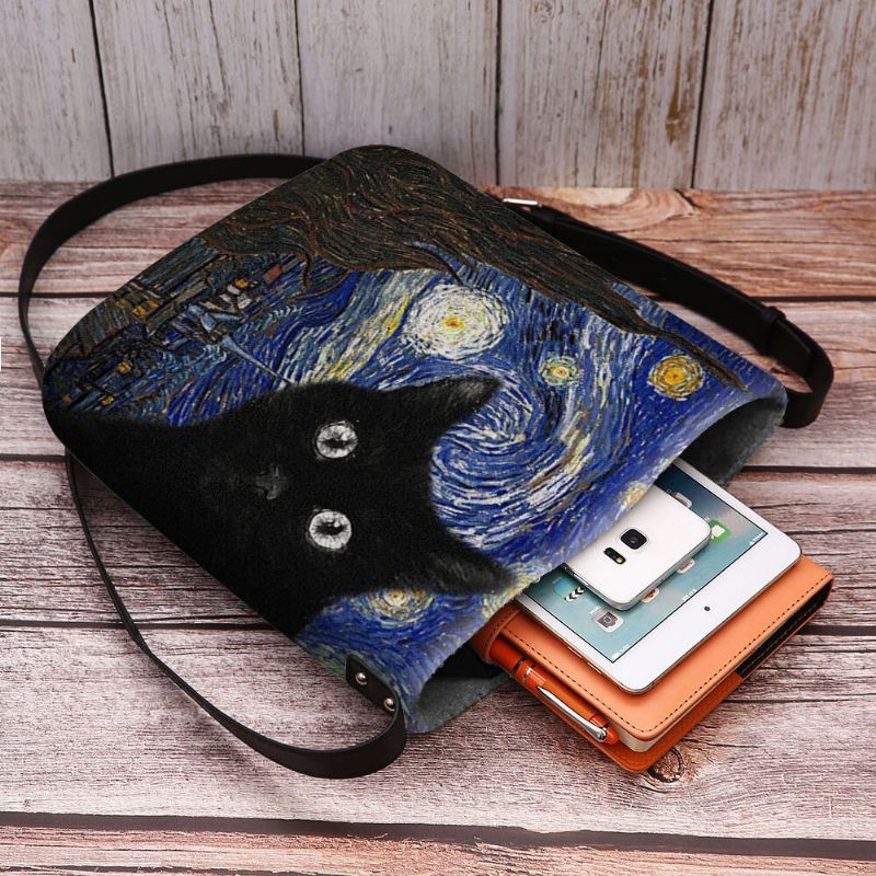 Dames Voelden Leuke Casual Cartoon Kat Patroon Met Sterrennacht Galaxy Schilderijen Crossbody Tas Schoudertas