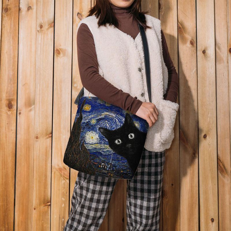 Dames Voelden Leuke Casual Cartoon Kat Patroon Met Sterrennacht Galaxy Schilderijen Crossbody Tas Schoudertas