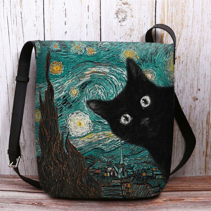 Dames Voelden Leuke Casual Cartoon Kat Patroon Met Sterrennacht Galaxy Schilderijen Crossbody Tas Schoudertas