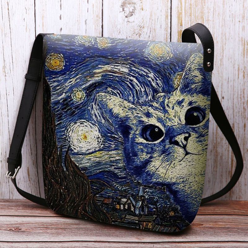 Dames Voelden Leuke Casual Cartoon Kat Patroon Met Sterrennacht Galaxy Schilderijen Crossbody Tas Schoudertas