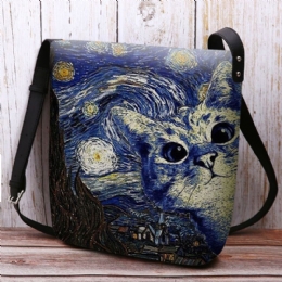 Dames Voelden Leuke Casual Cartoon Kat Patroon Met Sterrennacht Galaxy Schilderijen Crossbody Tas Schoudertas