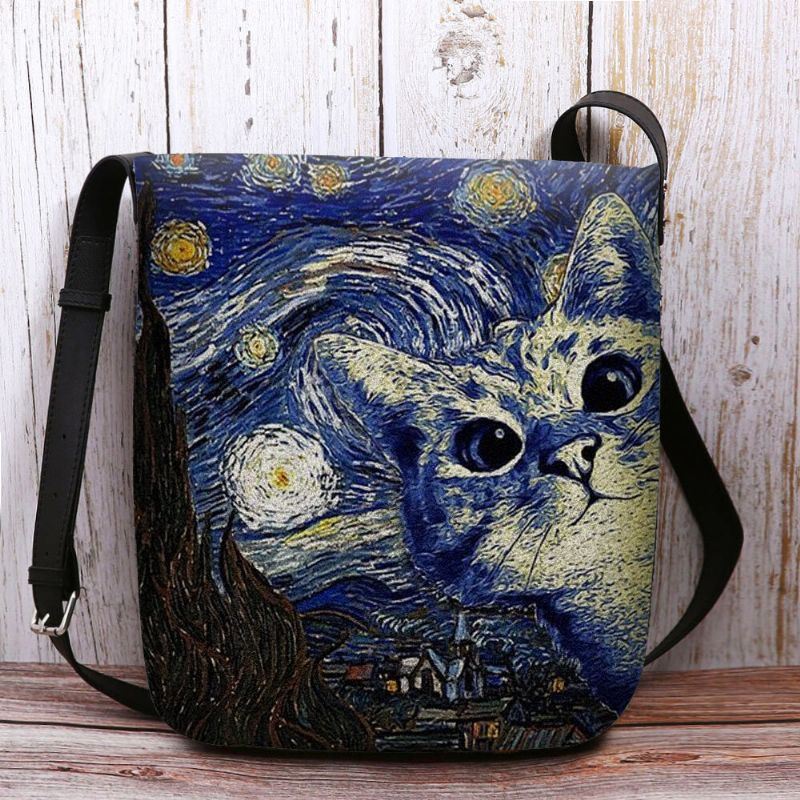 Dames Voelden Leuke Casual Cartoon Kat Patroon Met Sterrennacht Galaxy Schilderijen Crossbody Tas Schoudertas