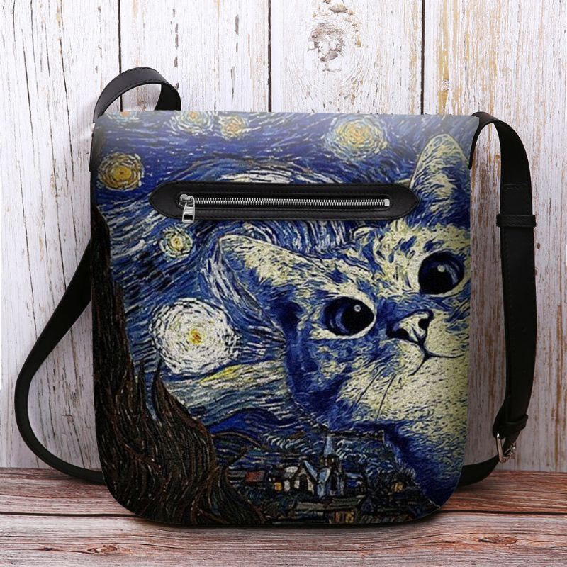 Dames Voelden Leuke Casual Cartoon Kat Patroon Met Sterrennacht Galaxy Schilderijen Crossbody Tas Schoudertas