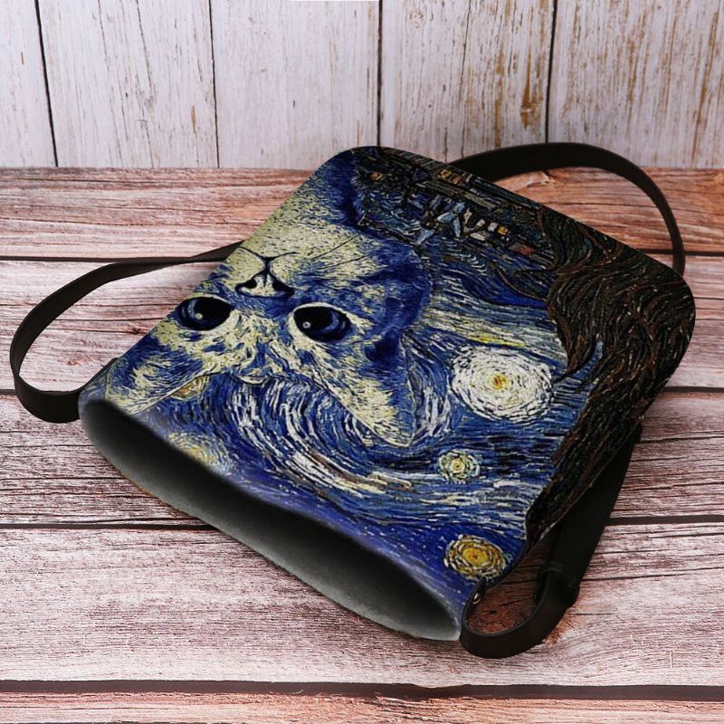 Dames Voelden Leuke Casual Cartoon Kat Patroon Met Sterrennacht Galaxy Schilderijen Crossbody Tas Schoudertas