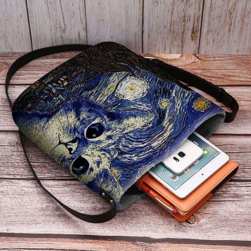 Dames Voelden Leuke Casual Cartoon Kat Patroon Met Sterrennacht Galaxy Schilderijen Crossbody Tas Schoudertas