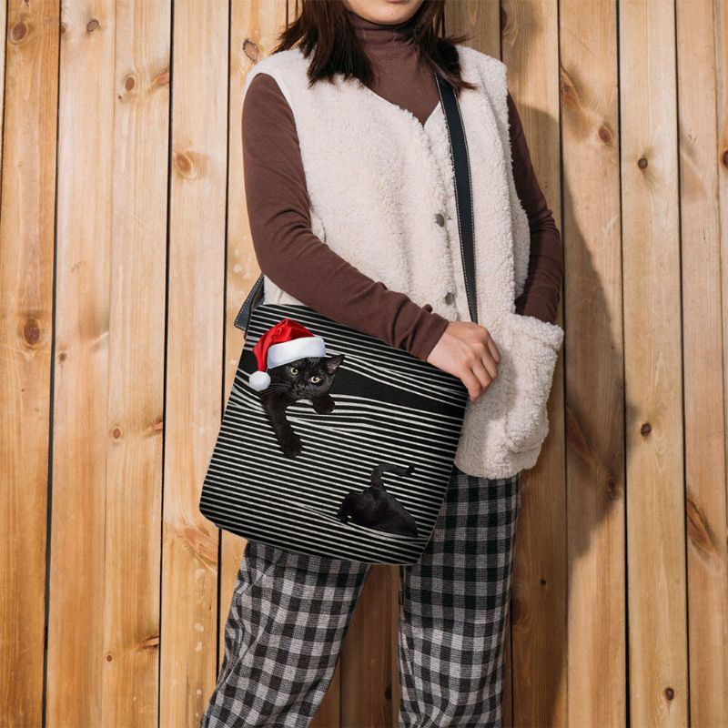 Dames Voelden Leuke Casual Cartoon Kat Strepen Patroon Met Kerstmuts Crossbody Tas Schoudertas