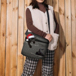 Dames Voelden Leuke Casual Cartoon Kat Strepen Patroon Met Kerstmuts Crossbody Tas Schoudertas