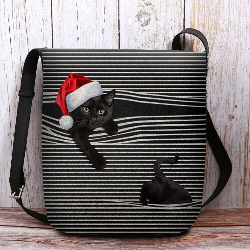 Dames Voelden Leuke Casual Cartoon Kat Strepen Patroon Met Kerstmuts Crossbody Tas Schoudertas