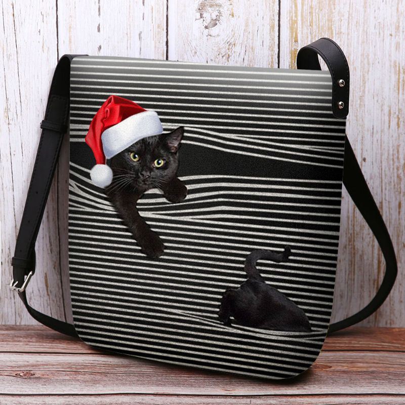 Dames Voelden Leuke Casual Cartoon Kat Strepen Patroon Met Kerstmuts Crossbody Tas Schoudertas