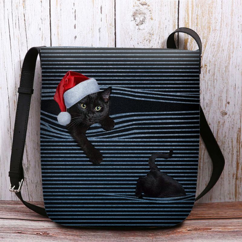 Dames Voelden Leuke Casual Cartoon Kat Strepen Patroon Met Kerstmuts Crossbody Tas Schoudertas