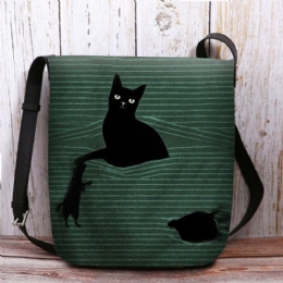 Dames Voelden Leuke Casual Cartoon Zwarte Kat Gevangen Muis En Strepen Patroon Crossbody Tas Schoudertas