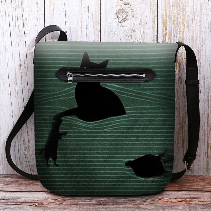 Dames Voelden Leuke Casual Cartoon Zwarte Kat Gevangen Muis En Strepen Patroon Crossbody Tas Schoudertas