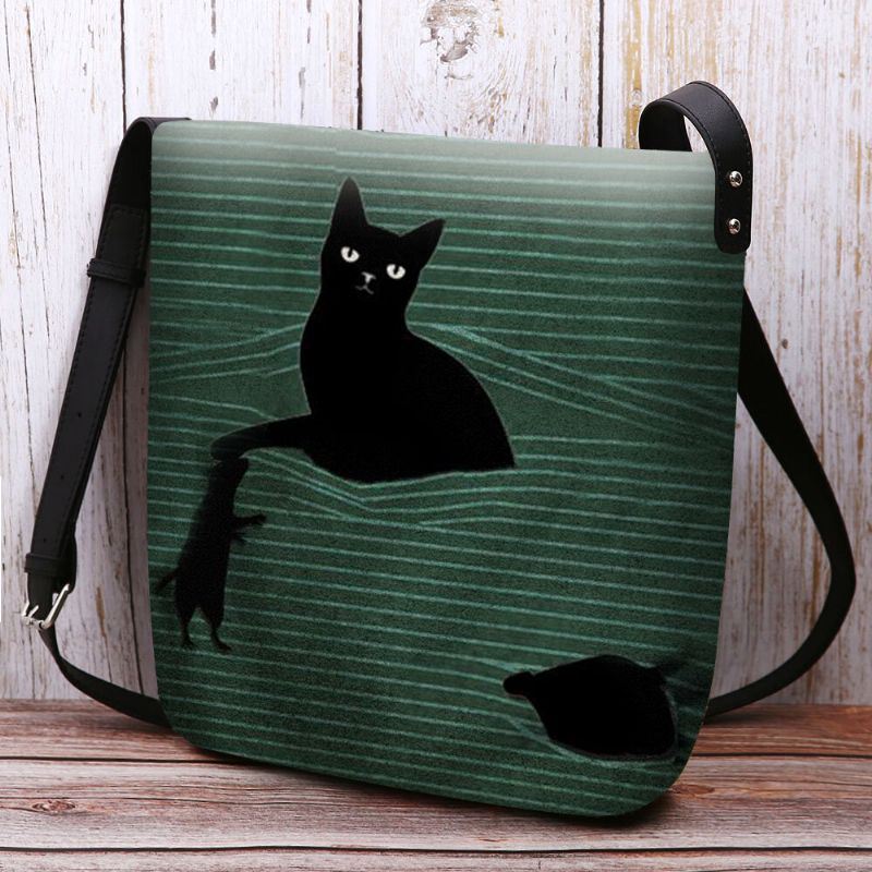 Dames Voelden Leuke Casual Cartoon Zwarte Kat Gevangen Muis En Strepen Patroon Crossbody Tas Schoudertas