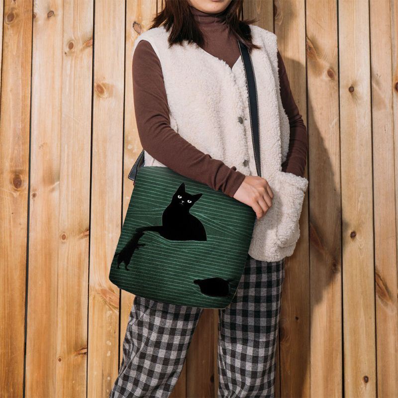 Dames Voelden Leuke Casual Cartoon Zwarte Kat Gevangen Muis En Strepen Patroon Crossbody Tas Schoudertas