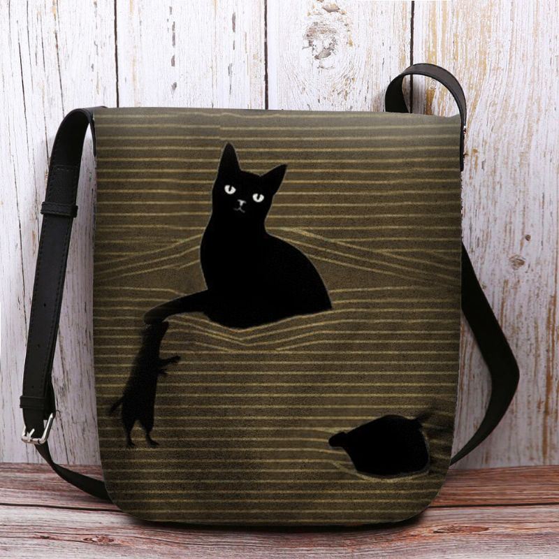 Dames Voelden Leuke Casual Cartoon Zwarte Kat Gevangen Muis En Strepen Patroon Crossbody Tas Schoudertas