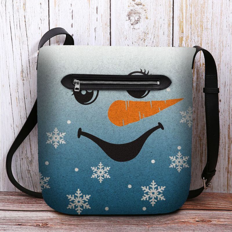 Dames Voelden Leuke Feestelijke Kerst Glimlach Sneeuwpop Sneeuwvlokken Print Crossbody Tas Schoudertas