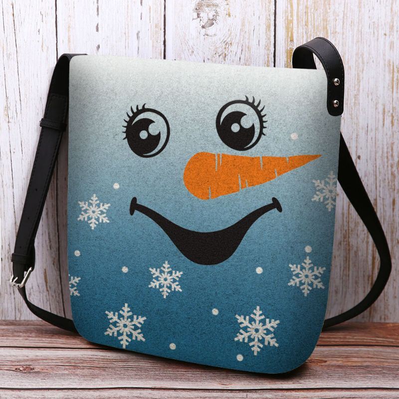 Dames Voelden Leuke Feestelijke Kerst Glimlach Sneeuwpop Sneeuwvlokken Print Crossbody Tas Schoudertas