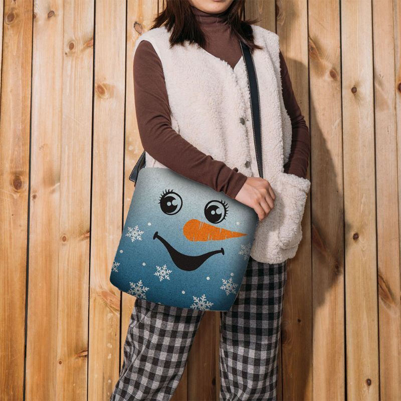 Dames Voelden Leuke Feestelijke Kerst Glimlach Sneeuwpop Sneeuwvlokken Print Crossbody Tas Schoudertas